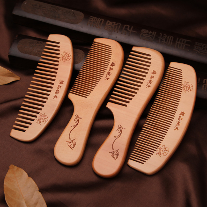 Bamboo Toothbrush Set - Natural Peach Wood Hair Comb Close